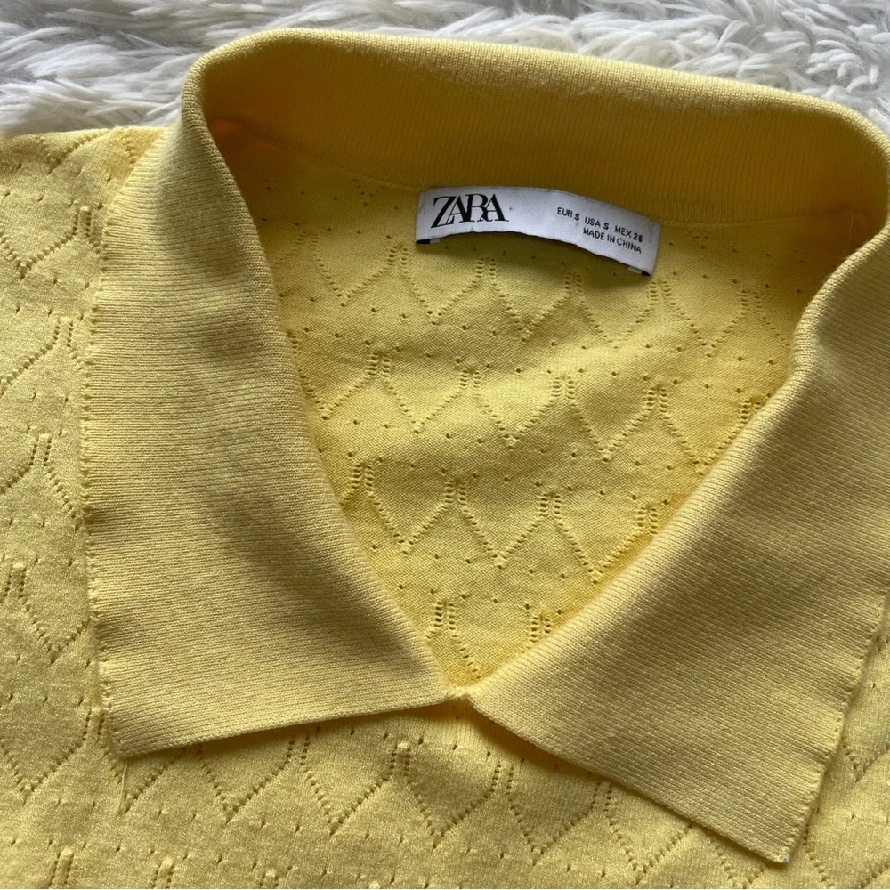 Zara Pointelle Knit Short Sleeve Polo Sweater Top - Picture 2 of 7